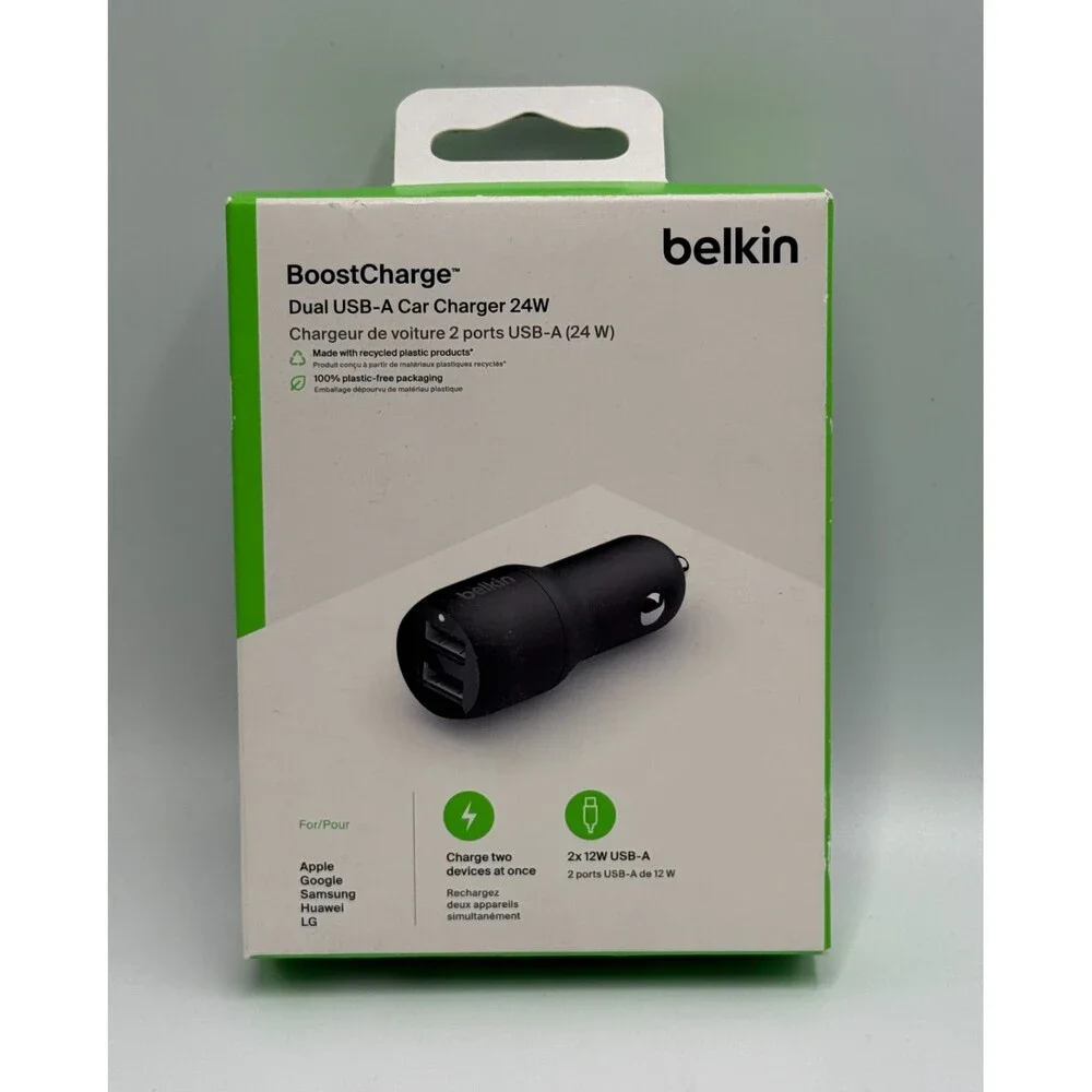New Belkin BoostCharge 24W Dual USB-A Car Charger Adapter for iPhone Samsung